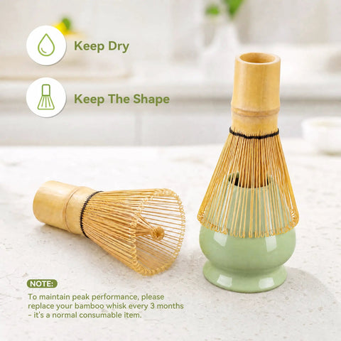Bamboo whisk chasen on ceramic holder from Complete Five Piece Matcha Making Kit With Bamboo Whisk Chasen, Ceramic Bowl, Whisk Holder.