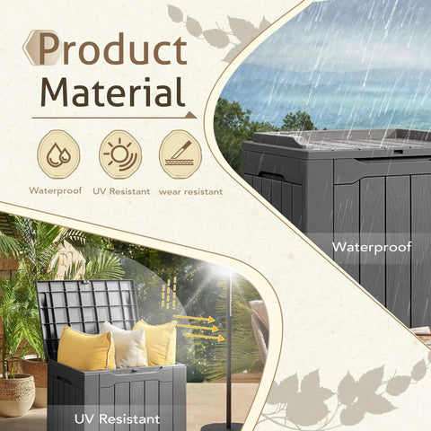 31 Gallon Weatherproof Resin Deck Box With Lid For Indoor Outdoor Storage Durable Grey Outdoor Storage Container in rain and sun
