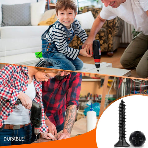 Pro Level No Hassle No 8 X 1-1/4 Black Oxide Flat Head Phillips Wood Screws 100 Pack shown in family DIY project.