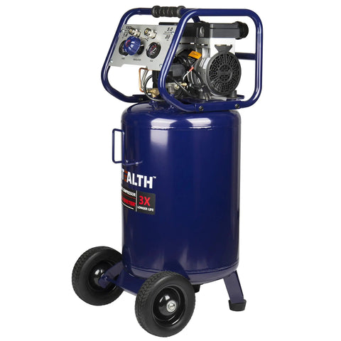 Heavy Duty 20 Gallon Ultra Quiet Air Compressor 1.8 HP Oil Free Pump Peak 150 PSI 5.5 CFM At 40 PSI on a sturdy rolling cart.