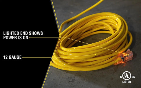 Heavy Duty One Hundred Foot Contractor Extension Cord Twelve Three SJTW Fifteen Amp With Lighted Ends coiled on floor