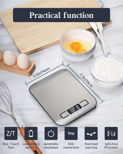 All In One 11 Pound Digital Kitchen Scale With Six Unit Modes G Kg Lb Oz Ml Milk Ml And Tare Function on kitchen counter