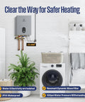 Electric Tankless Water Heater 27Kw 240V Whole House Model mounted on wall with copper pipes, plants, and laundry appliances.