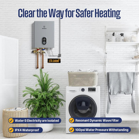 Electric Tankless Water Heater 27Kw 240V Whole House Model mounted on wall with copper pipes, plants, and laundry appliances.