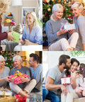 Family exchanging gifts and smiles during a cheerful holiday celebration at home.