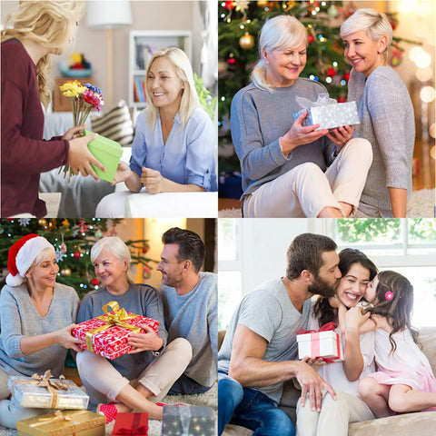 Family exchanging gifts and smiles during a cheerful holiday celebration at home.