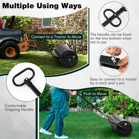 Image showing Tow Behind And Manual Lawn Roller 30 Gallon Water Filled Steel Sod Roller With Push Pull Handle in use with tractor and manually.