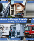 100Amp 110V AC Automatic Transfer Switch For Dual Power Changeover, 2 Pole ATS With Manual Override, shown in industrial and home use scenarios