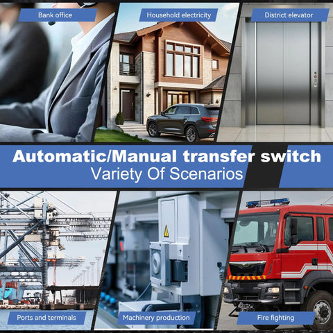 100Amp 110V AC Automatic Transfer Switch For Dual Power Changeover, 2 Pole ATS With Manual Override, shown in industrial and home use scenarios