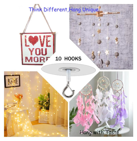 No Hole Adhesive Ceiling Hooks Set Of 10 For Hanging Lights Plants Mobiles Curtains And More Easy Renters Friendly Wall And Ceiling Hangers No Drill Required Round Design Strong Hold shown in decorative settings.