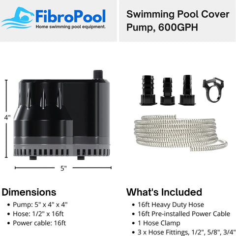 Submersible Pool Cover Pump With 16 Ft Drain Hose For All Pools Spas And Hot Tubs Electric Utility Water Pump, black, compact design