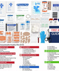 First Aid Kit, 418-piece contents laid out with bandages, gauze, scissors, gloves, wipes, blanket, tape, guide.