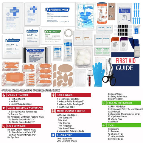 First Aid Kit, 418-piece contents laid out with bandages, gauze, scissors, gloves, wipes, blanket, tape, guide.