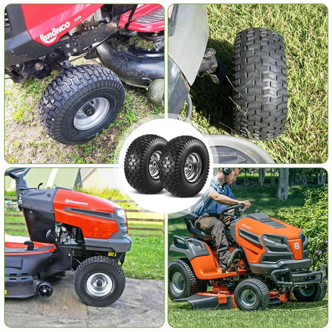 Beefy Front Tire And Wheel Set For Riding Lawn Mowers 15x6-6 Compatible With John Deere Craftsman Husqvarna, shown on mowers