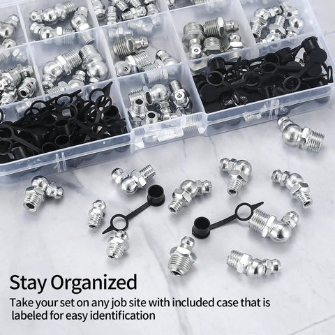 Pro Grade 140 Piece Grease Fittings Kit with assorted zerk fittings and storage case, showcasing various angles and sizes.
