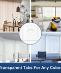 Clear Vertical Blind Repair Tabs 32 Piece Set No Sweat Diy Fixers For Cracked Slat Replacement, adhesive clip shown among various window styles.