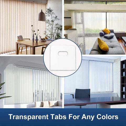 Clear Vertical Blind Repair Tabs 32 Piece Set No Sweat Diy Fixers For Cracked Slat Replacement, adhesive clip shown among various window styles.