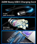 240W Type C cable features multi copper wires for 8X charging speed, highlighted in 90W 4 Port Car Charger With USB C And USB A Fast Charge.