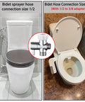 Brass 3 Way Bidet T Adapter With Shut Off Valve For Handheld Toilet, Chrome Plated T Valve, Durable Brass Fitting, Fits 7/8 In By 7/8 In By 1/2 In Or 3/8 In Tubing, No Fuss Install, Leak Resistant, shown on toilet bidet setup