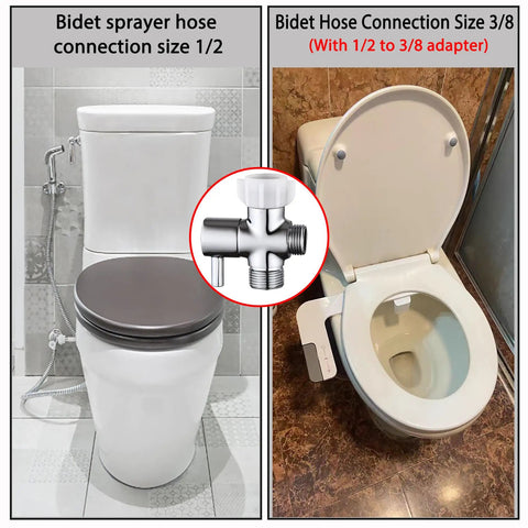 Brass 3 Way Bidet T Adapter With Shut Off Valve For Handheld Toilet, Chrome Plated T Valve, Durable Brass Fitting, Fits 7/8 In By 7/8 In By 1/2 In Or 3/8 In Tubing, No Fuss Install, Leak Resistant, shown on toilet bidet setup