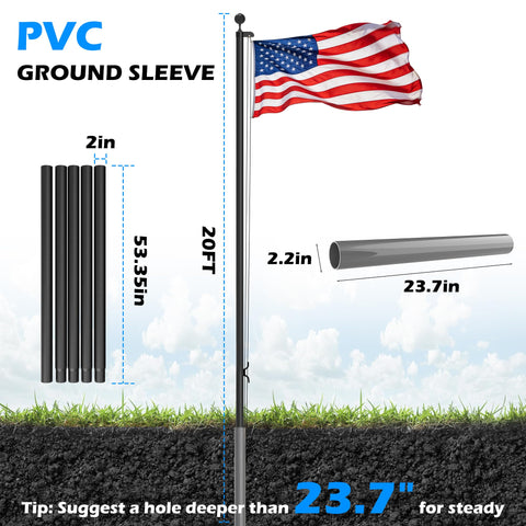 20 Ft Aluminum Flag Pole Kit With Black Ball Topper And 3x5 Embroidered US Flag For Outdoor Yard Garden Home And Commercial Use
