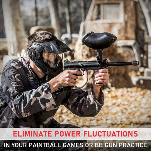 Man in camouflage with mask and paintball gun using Top Shelf 88 Gram CO2 Cartridges For Paintball Guns Pellet Guns BB Guns And Airsoft With M16 x 1.5 Threaded Fitting Delivers Consistent Gas Every Time 2 Pack
