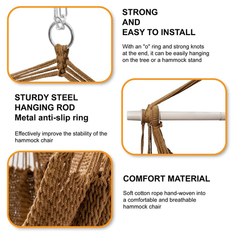 Close-up of Caribbean Style Rope Hammock Chair with 40 Inch Steel Spreader Bar and Anti Slip Rings Soft Spun Cotton Rope