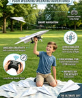 Child outdoors holding Electric RC Paper Airplane Kit With Gyro Stabilizer For Smooth Outdoor Flights, DIY launcher set