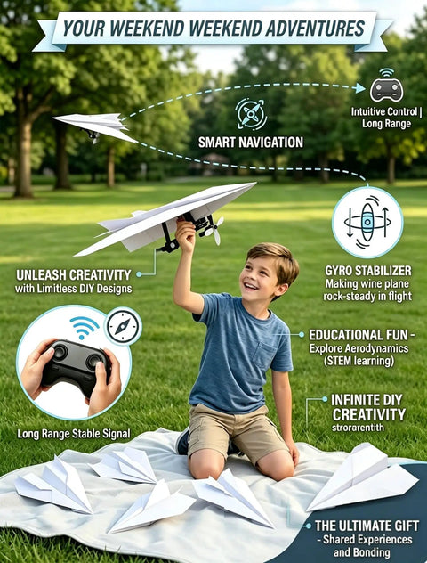Child outdoors holding Electric RC Paper Airplane Kit With Gyro Stabilizer For Smooth Outdoor Flights, DIY launcher set