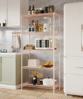 Professional Heavy Haul Five Tier Adjustable Wire Shelving Rack With Beefy Carbon Steel Frame And Drop In Leveling Feet For Kitchen Garage Pantry Setup Pink in a kitchen setting with storage items.