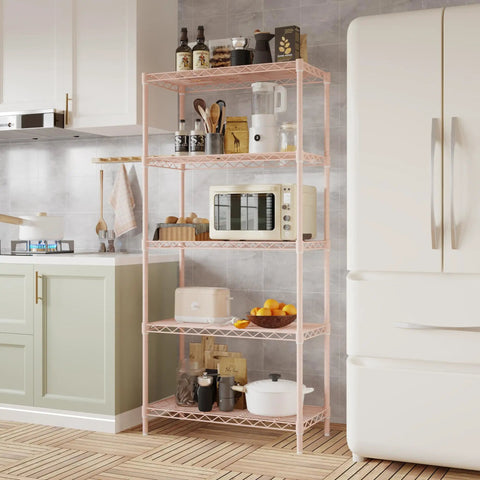 Professional Heavy Haul Five Tier Adjustable Wire Shelving Rack With Beefy Carbon Steel Frame And Drop In Leveling Feet For Kitchen Garage Pantry Setup Pink in a kitchen setting with storage items.