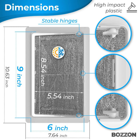 Front view of white insulated drywall access panel, 6 x 9 inches, heavy plastic wall access cover by Amazon