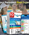 10-In-1 Pool And Spa Water Test Kit With App for hot tubs and saltwater pools, showing packaging, test strips, app interface