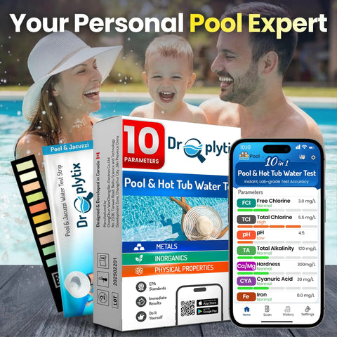 10-In-1 Pool And Spa Water Test Kit With App for hot tubs and saltwater pools, showing packaging, test strips, app interface