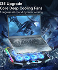 Eight Fan Gaming Laptop Cooling Pad for 15 to 17.3 Inch Notebooks With RGB Lighting Dual USB Ports Phone Stand And Six Height Adjustable Ergonomic Stand displayed with a laptop on top, showcasing blue lighting effect.