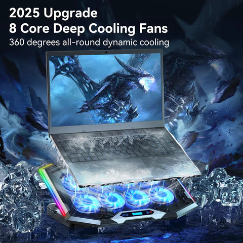 Eight Fan Gaming Laptop Cooling Pad for 15 to 17.3 Inch Notebooks With RGB Lighting Dual USB Ports Phone Stand And Six Height Adjustable Ergonomic Stand displayed with a laptop on top, showcasing blue lighting effect.