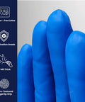 Heavy Duty 14 Mil Latex Exam Gloves Featuring Savage Micro Texture Grip And 12 Inch Extended Cuff Powder Free NFPA Approved Tactical Shield showing blue latex fingers.