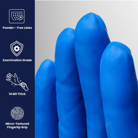 Heavy Duty 14 Mil Latex Exam Gloves Featuring Savage Micro Texture Grip And 12 Inch Extended Cuff Powder Free NFPA Approved Tactical Shield showing blue latex fingers.