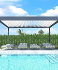 Modern pergola by a pool with lush greenery, resembling a Watermelon Leaves Faux Ivy Privacy Fence Screen For Indoor Outdoor Use