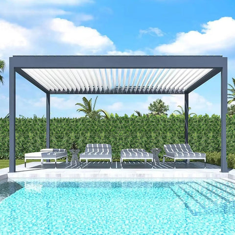 Modern pergola by a pool with lush greenery, resembling a Watermelon Leaves Faux Ivy Privacy Fence Screen For Indoor Outdoor Use