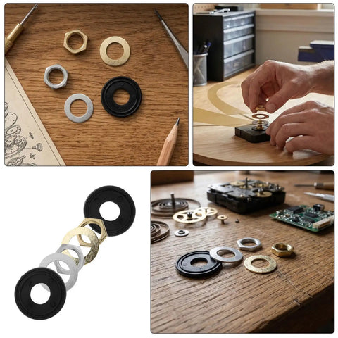 Quartz Clock Nut and Washer DIY Repair Kit 10 Sets With Metal and Rubber Components For Stable Performance, Precise Assembly, And Easy Wall Clock Mechanism Replacement; assorted rings and nuts for clock repair