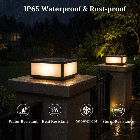 Hella Stylish Modern 15.75 Inch Flat Surface Pillar Lights For Outdoor Porch Deck Post With Romantic Soft Candle Glow Industrial Column Cap Lamp For Sweet Night Vibes And Cozy Patio Decor illuminated on wet stone pillars at night.