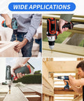 Different uses of the Heavy-Duty Outdoor Wood Deck Screw Kit With Bronze Epoxy Coated Rust Resistance, T25 Star Drive Bit Included, 110-Piece Assorted Set For Timber, Lumber, Landscaping And Exterior Projects No-Fuss Built To Last with various drills in action.