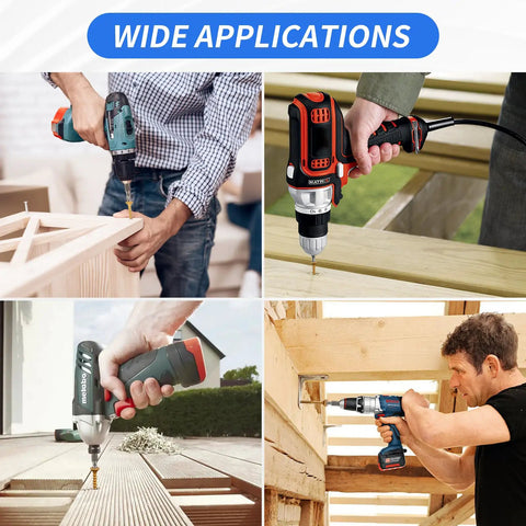 Different uses of the Heavy-Duty Outdoor Wood Deck Screw Kit With Bronze Epoxy Coated Rust Resistance, T25 Star Drive Bit Included, 110-Piece Assorted Set For Timber, Lumber, Landscaping And Exterior Projects No-Fuss Built To Last with various drills in action.