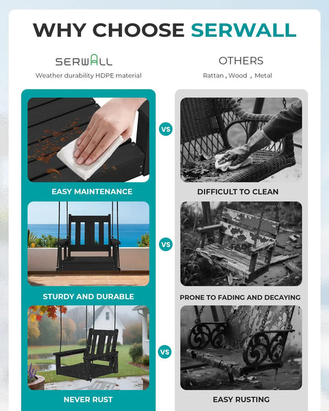 Comparison chart highlighting benefits of HDPE Single Porch Swing For Outdoors Heavy Duty One Person Adirondack Chair with Durable Polypropylene Ropes Black Cozy Front Porch Patio Garden Yard Outdoor Seating over rattan, wood, and metal alternatives showing easy maintenance, durability, and no rust.
