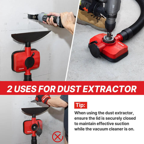 2-In-1 Vacuum Dust Collection Attachment For Drilling And Drywall Cutting in use with hose fitting on job site