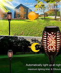 Solar Tiki Torch Lights Eight Piece Purple Outdoor Garden Decor With Realistic Flickering Flame For Halloween Parties and Christmas Backyard Vibe and Ambience Solar Powered Pathway Lighting by day and night