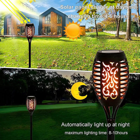 Solar Tiki Torch Lights Eight Piece Purple Outdoor Garden Decor With Realistic Flickering Flame For Halloween Parties and Christmas Backyard Vibe and Ambience Solar Powered Pathway Lighting by day and night