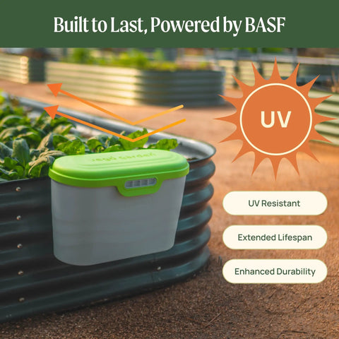 Heavy Duty Garden Tool Box Basil Green With Hinged Lid For Easy Access And Protection, attached to a metal garden bed, UV resistant