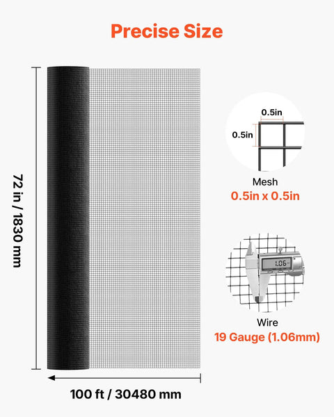 Heavy Duty Vinyl Coated Chicken Wire Mesh Roll Seventy Two By One Hundred Feet Galvanized Hardware Cloth Half Inch Grid showing precise size and mesh details.